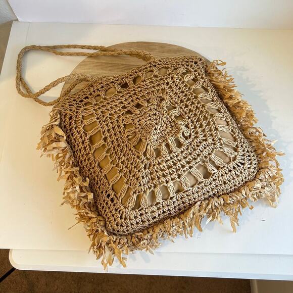 MW Tan Natural Fiber Straw Fringe Raffa Crochet Square Tote Shoulder Bag - Picture 6 of 13